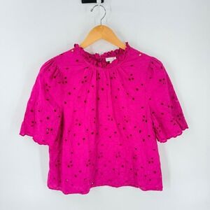 Jennifer & Grace Eyelet Top Magenta Large Ruffle Neck Cotton Puff Sleeve Blouse